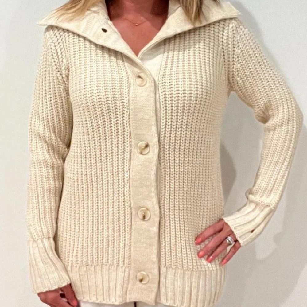 Boutique Cozy Cream Button-Up Women's Sweater Cardigan - Picture 2 of 6
